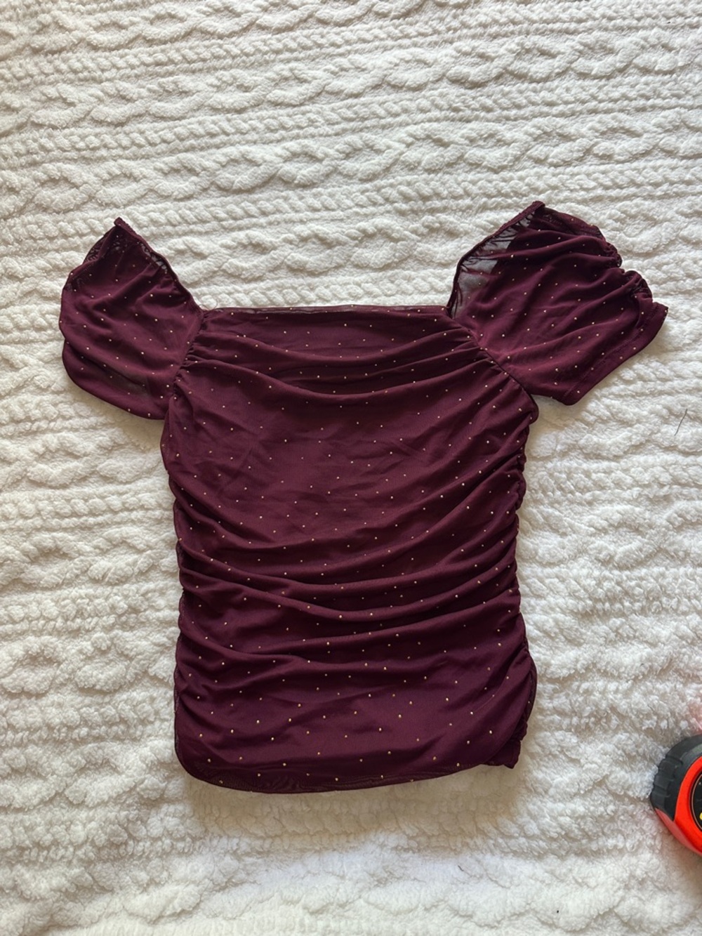 Haley & June burgundy off-the-shoulder top with small sparkling accents